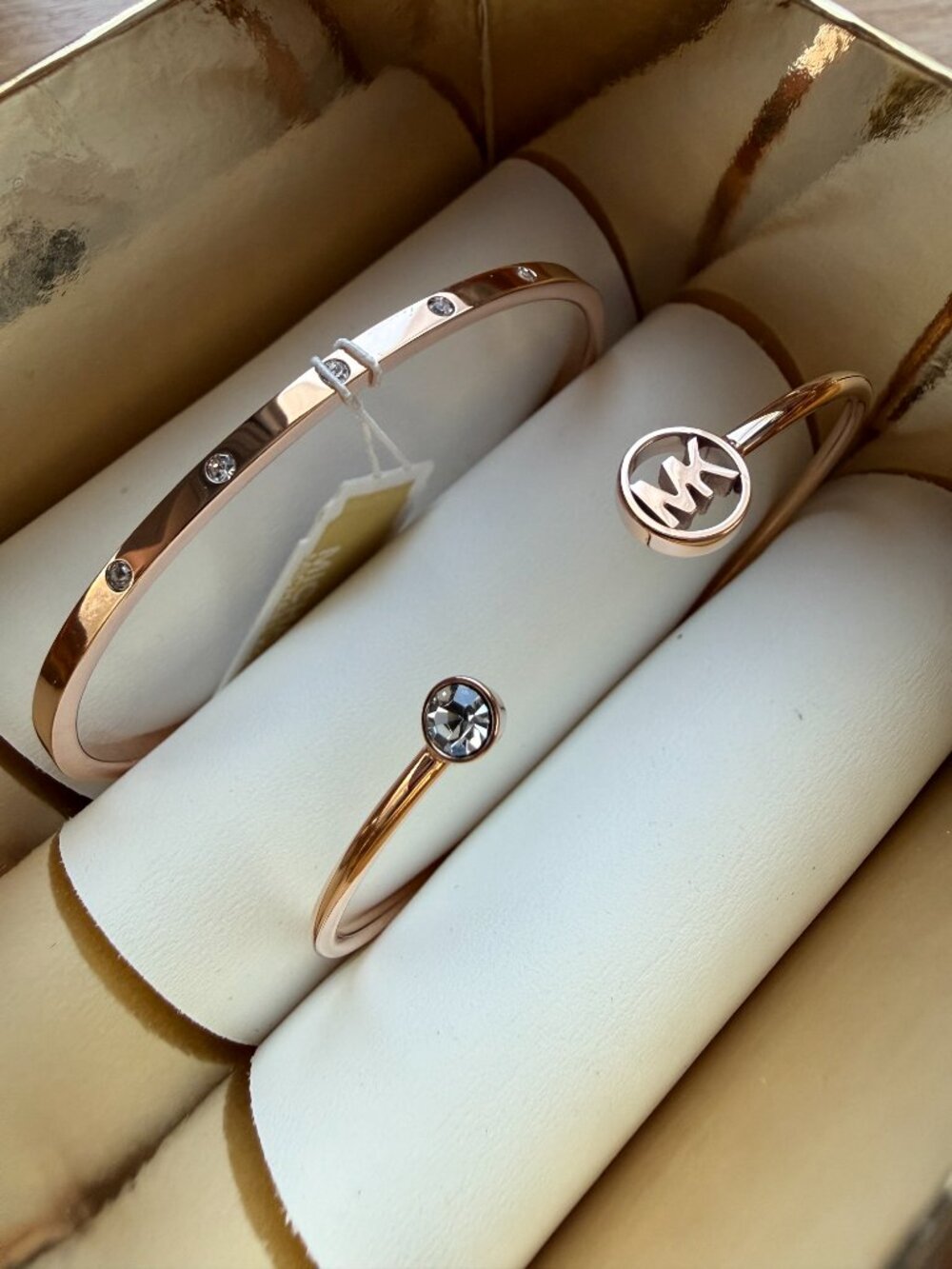 Michael Kors Rose Gold Bangle Cuff Bracelet Set 2 Piece Crystal MK Logo NWT Box
